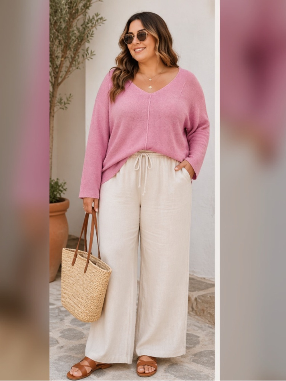 Eileen Fisher Large Pink V-Neck Linen Sweater Relaxed Fit